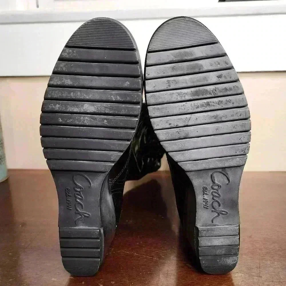 Coach Ceejay Black Patent Leather Wedge Boots Size 9 W/ Original Box Logo Stitch - Picture 5 of 8